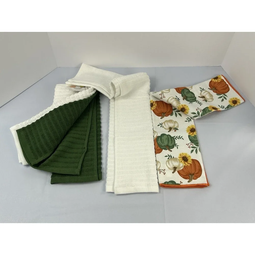 4 Pc Fall Kitchen Towel Set Pumpkin Spice Dog Sunflower Cotton Harvest